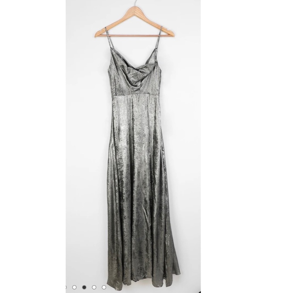 NWT Lulus Shining Just For You Silver Metallic Cowl Neck Maxi Dress